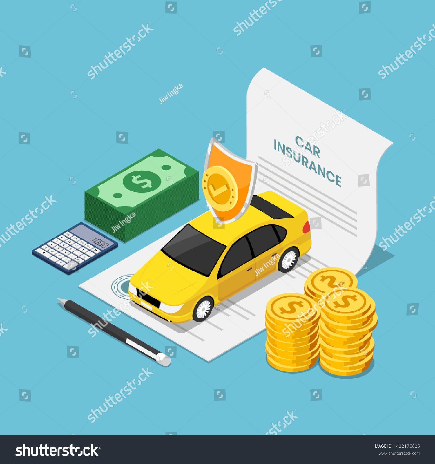 Flat 3d isometric car on insurance contract document with pen money and calculator. Car insurance concept.