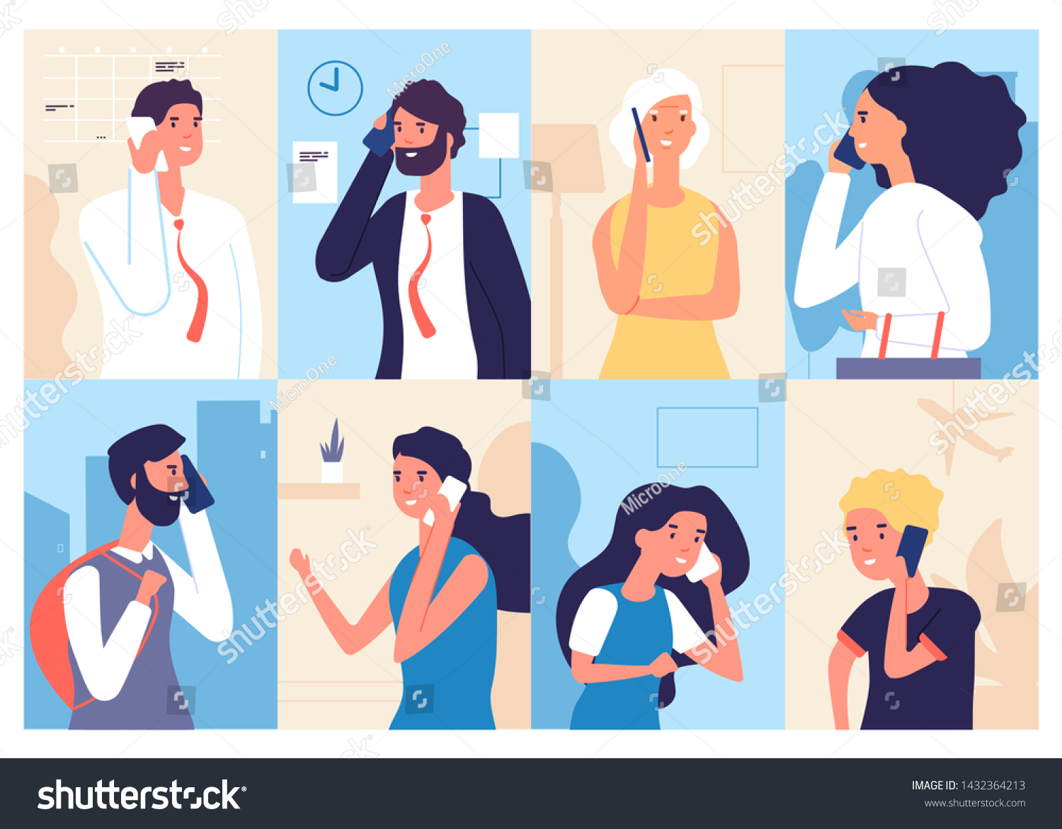 People talking phone. Men and women calling by telephone. Communication and conversation with smartphone vector characters set. Illustration of phone call  speaking social  talking and chatting