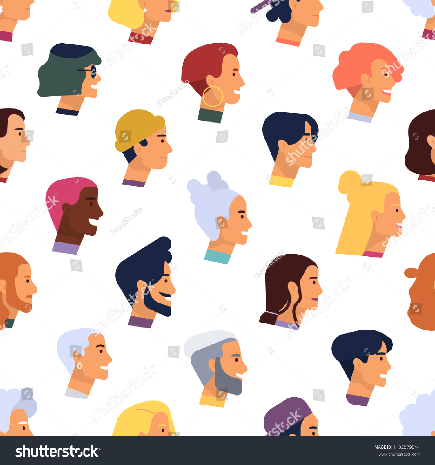 Seamless pattern with heads of young and elderly stylish men and women with various hairstyles. Backdrop with people's profiles of white background. Flat cartoon vector illustration for textile print.