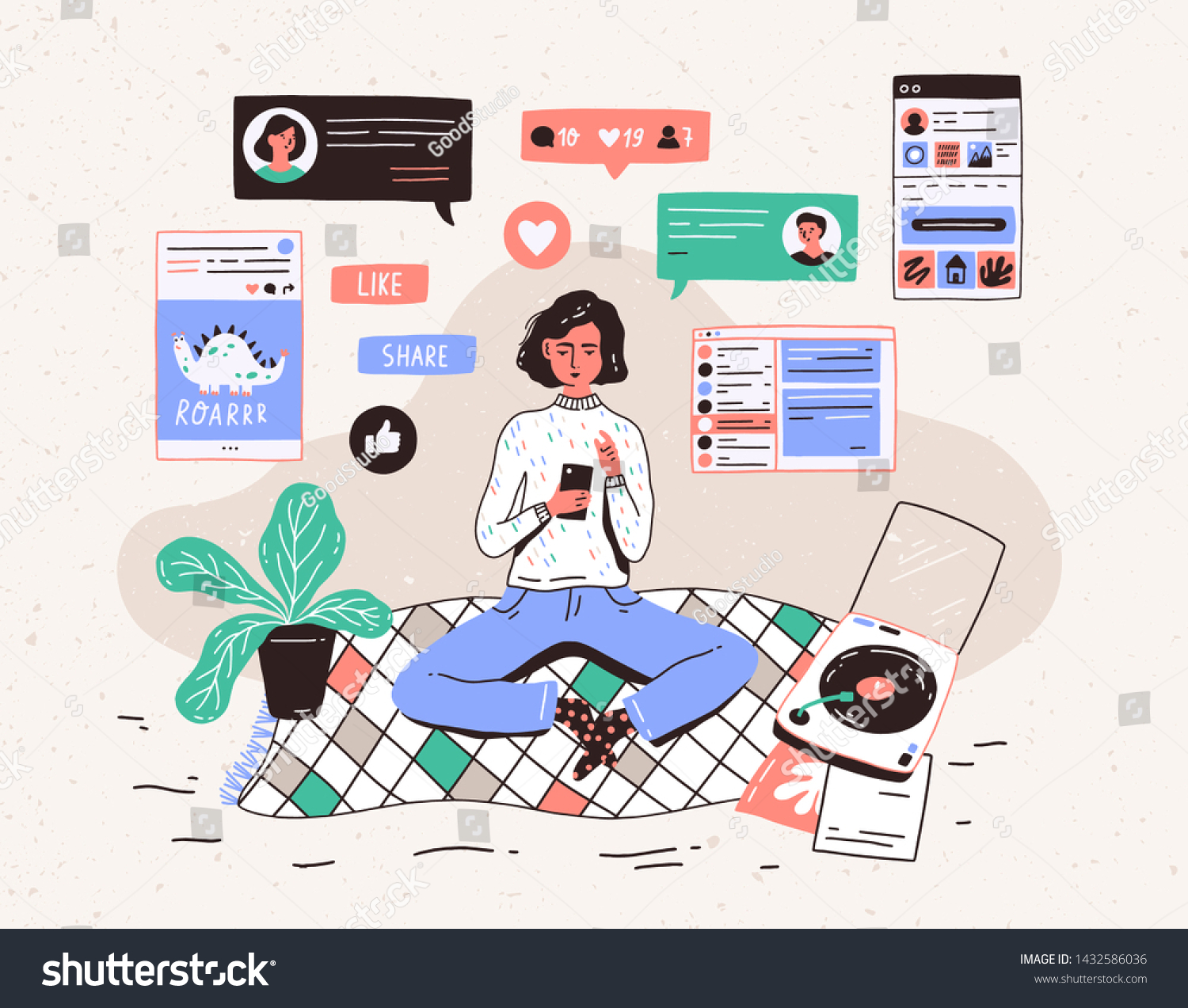 Young woman sitting on floor at home  holding smartphone and chatting in messenger or social network. Internet communication  online instant messaging or information exchange. illustration.