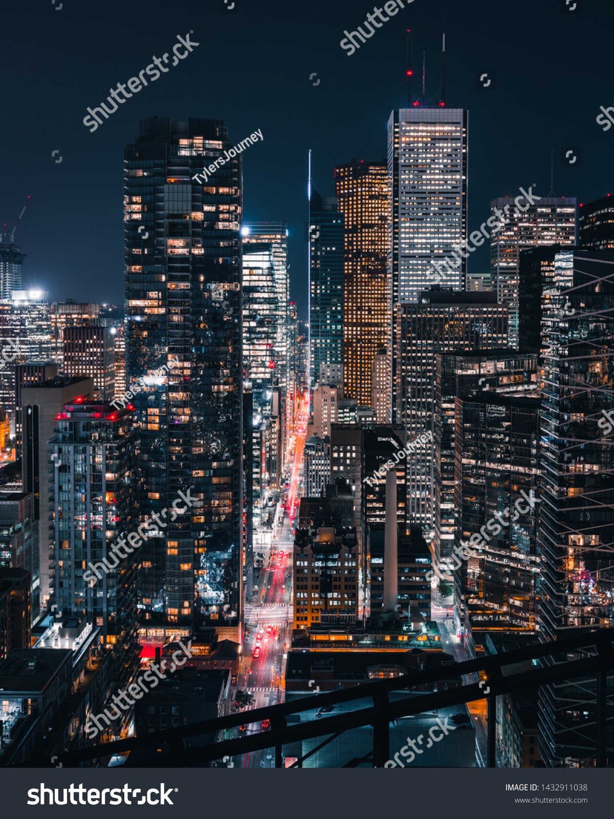 Toronto Financial District City Skyline Skyscrapers with Modern and Historic Building Construction and Development Views at Night