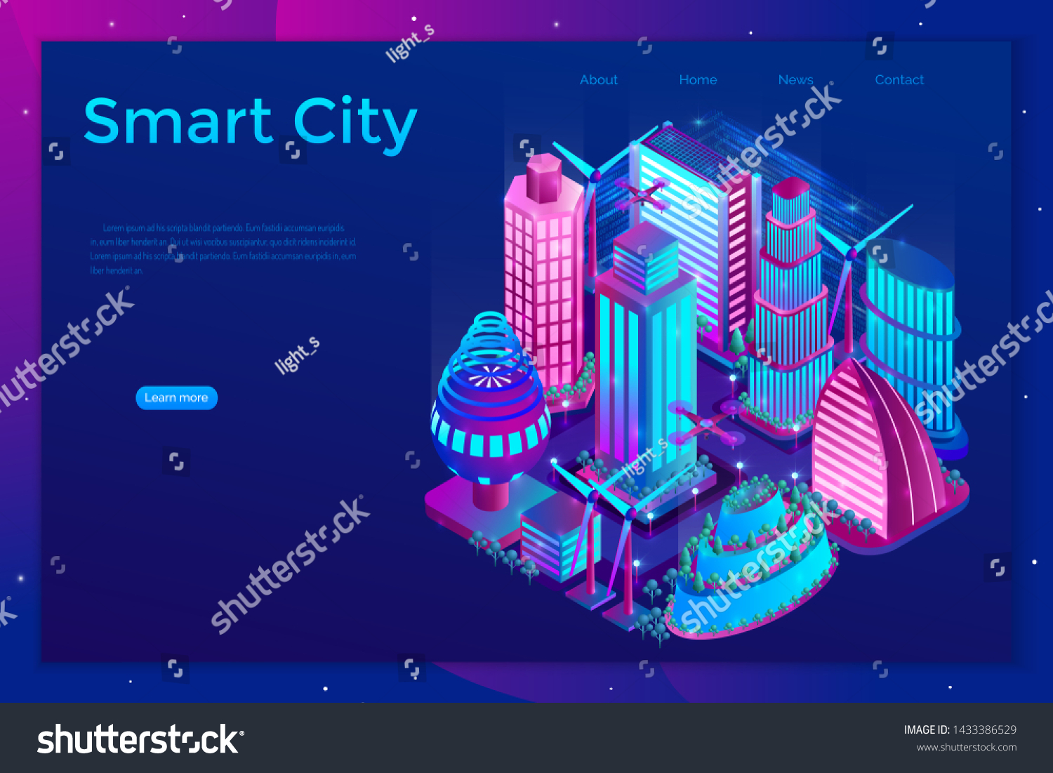 Futuristic night city is illuminated by neon lights in isometric style. The concept of smart city with skyscrapers  windmills  drones. Landing page template. Vector illustration.
