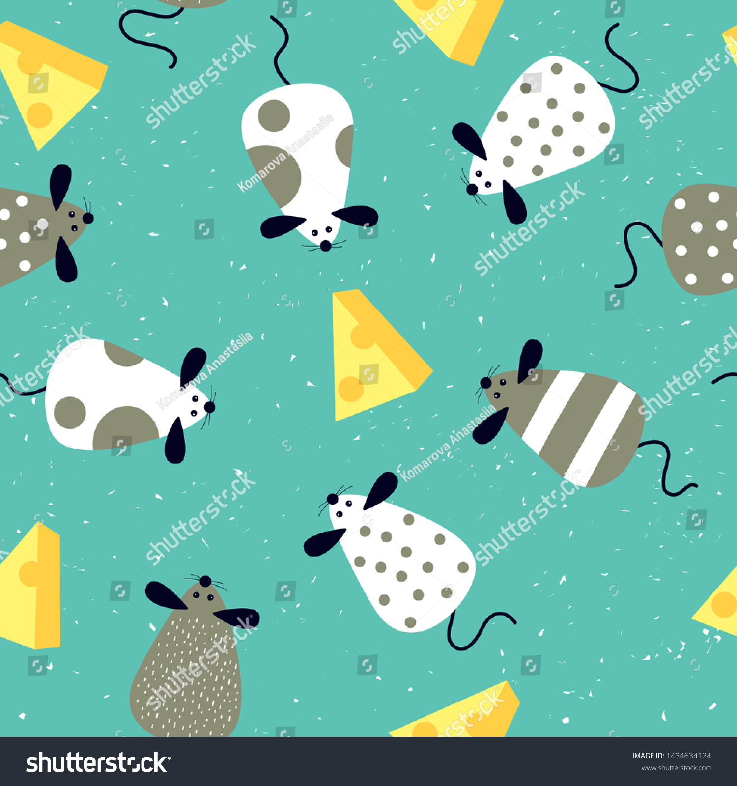 Seamless pattern with cartoon cute cheese and rats - Chinese symbol of the new year 2020. Vector illustration can be used for print  holiday packing  postcard  poster.