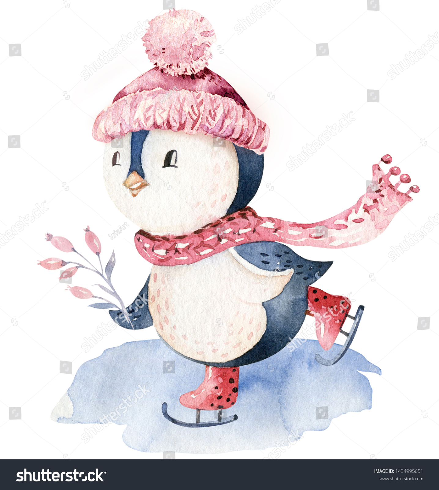 Watercolor merry christmas character penguin illustration. Winter cartoon isolated cute funny animal design card. Snow holiday xmas penguins.