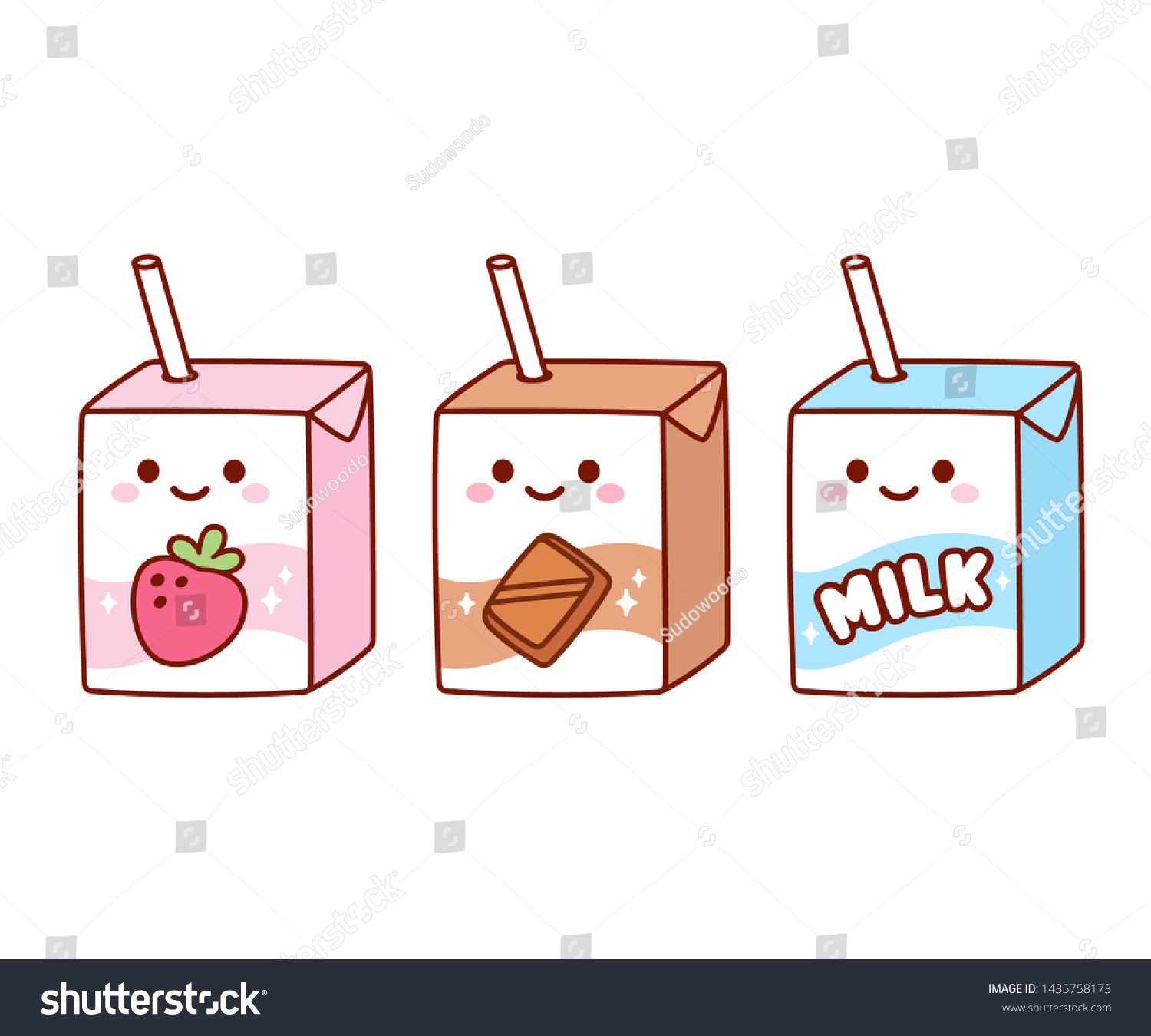 Cute cartoon milk box characters: strawberry  chocolate and regular milk. Kawaii milk cartons with drinking straw and smiling face. Isolated vector clip art illustration set.
