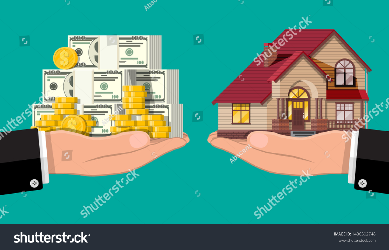 Hand scales with private house and money. Buying a home. Real estate. Suburban wooden house  dollar stacks and gold coins. Vector illustration in flat style