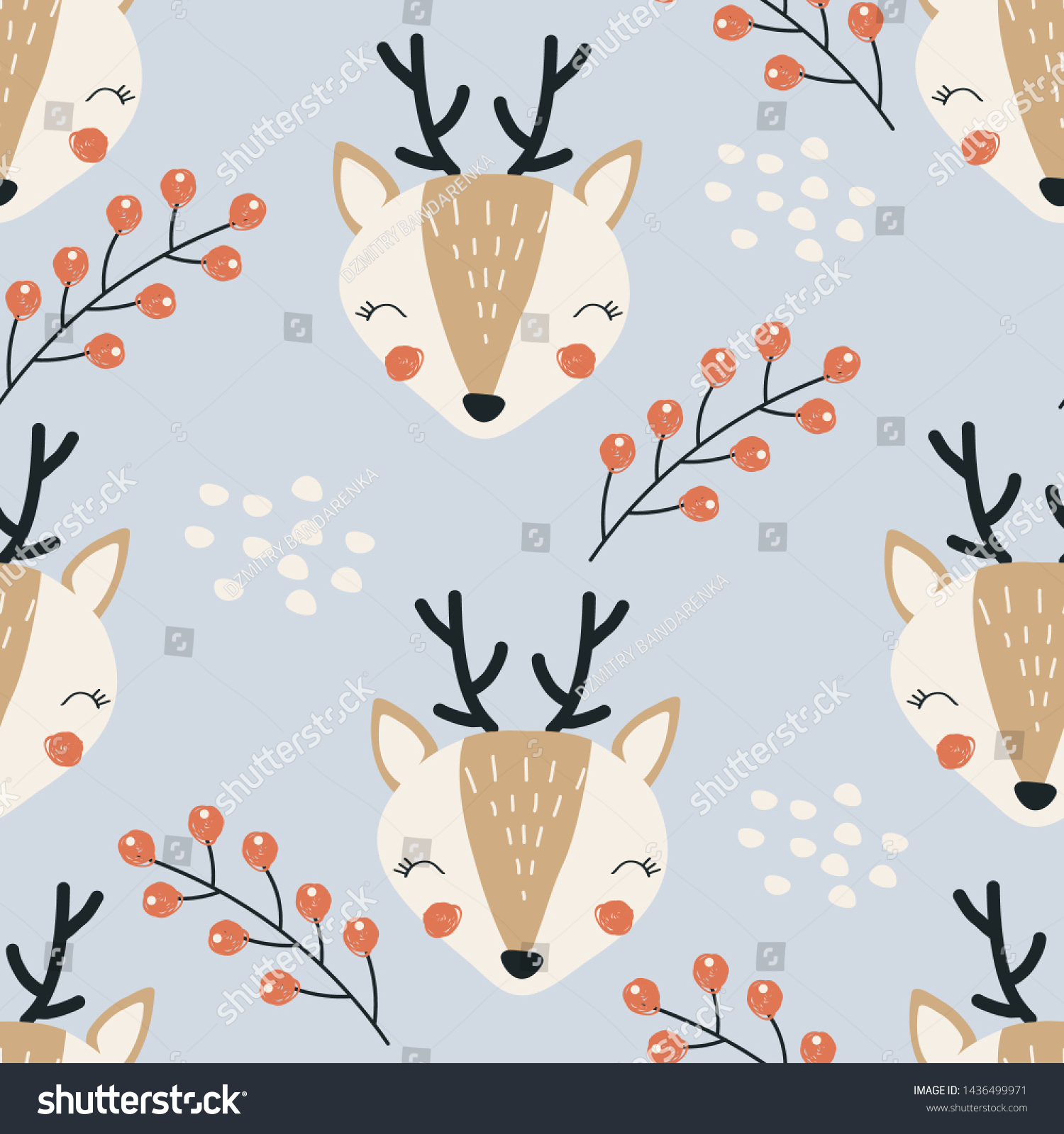 Seamless pattern with deer and berries. Vector illustration  design of wild animals  reptiles  for printing on fabric  clothing  packaging paper  bedding  printing  postcards. Cute baby background.