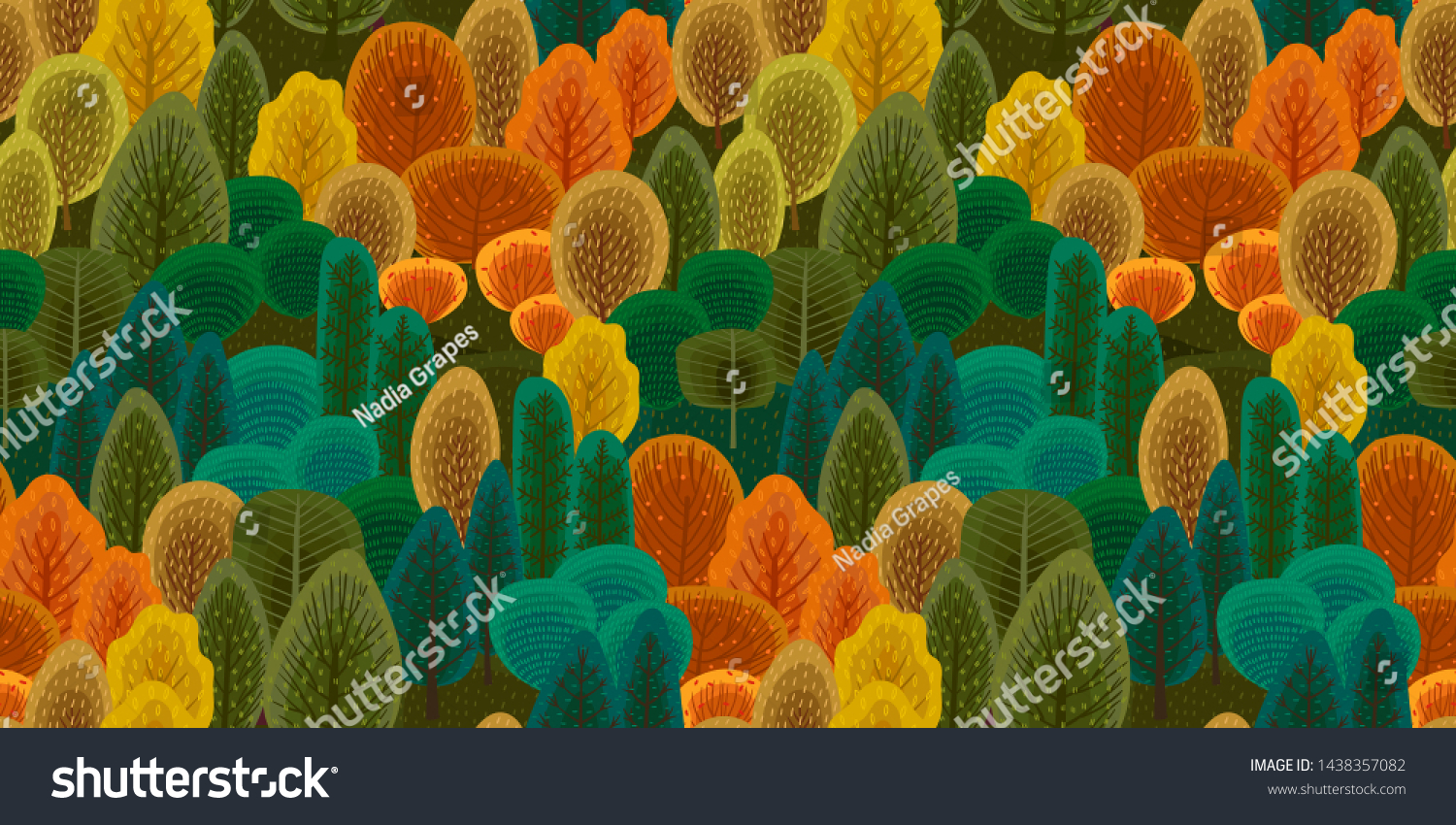 Abstract seamless pattern with autumn forest. Vector background for various surface. Trendy hand drawn textures.