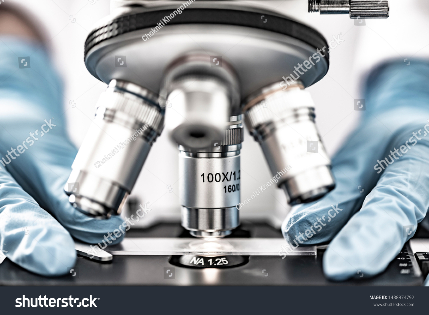 close-up of Microscope lens  science tools microscope in laboratory