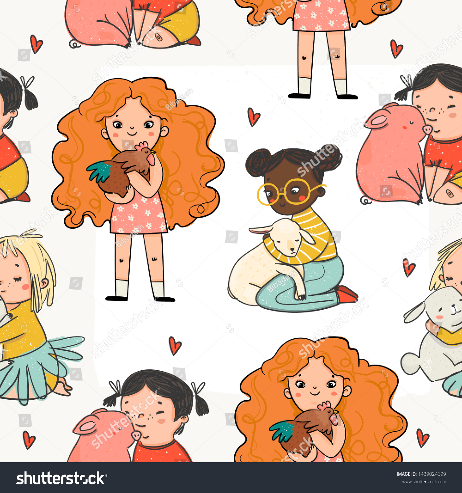 Friends not food. Be kind go vegan. Cruelty free  vegan concept. Cute little girls with various animals. Hand drawn vector colored trendy illustration. Flat design. Seamless pattern