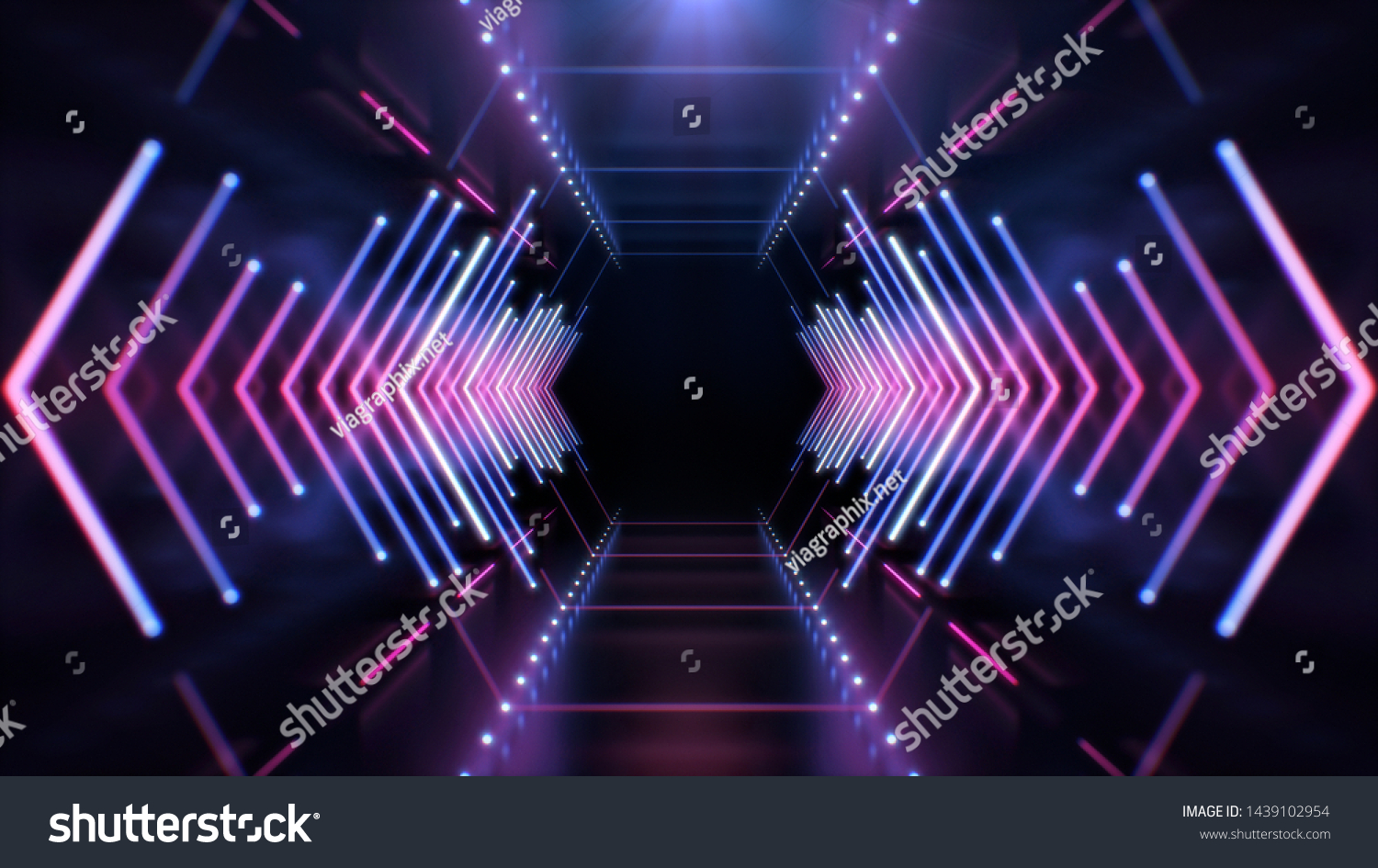 Abstract Futuristic Technology concept. Neon Hexagon Tunnel modern background. Fluorescent ultraviolet glowing light lines.