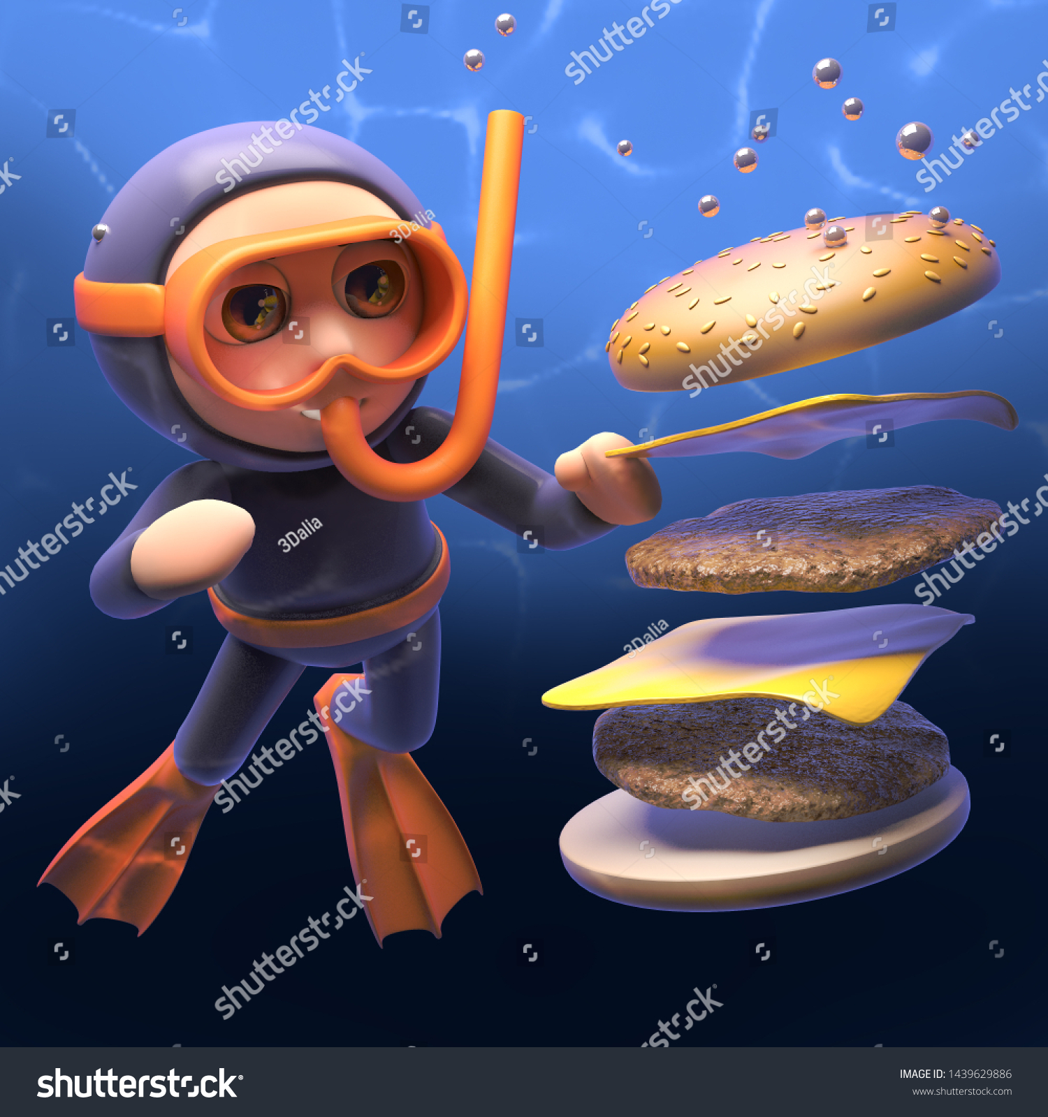 Huge cheese burger disperses in view of the snorkel diver  3d illustration render