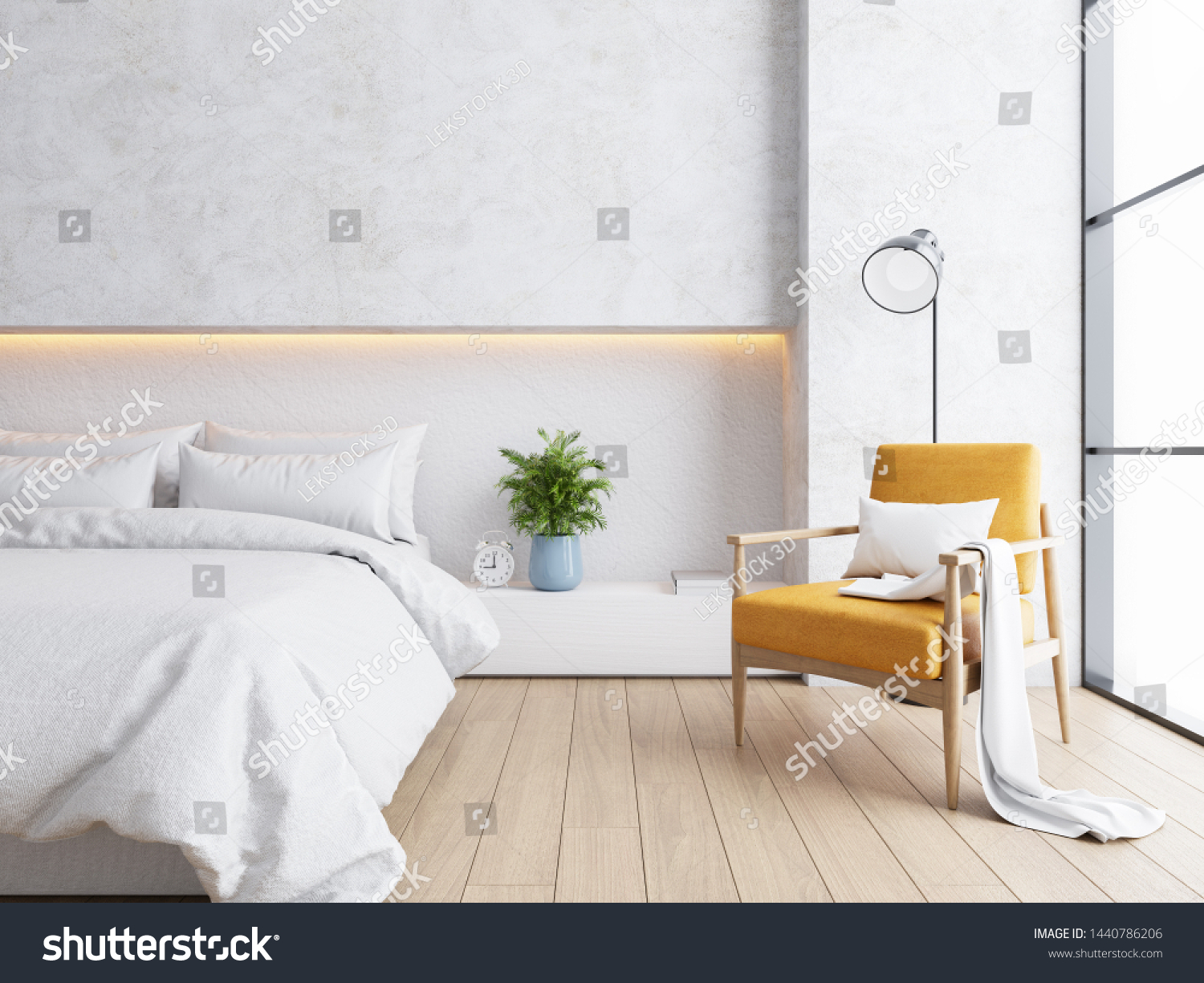 White bedroom interior  cozy space   modern design  3d render