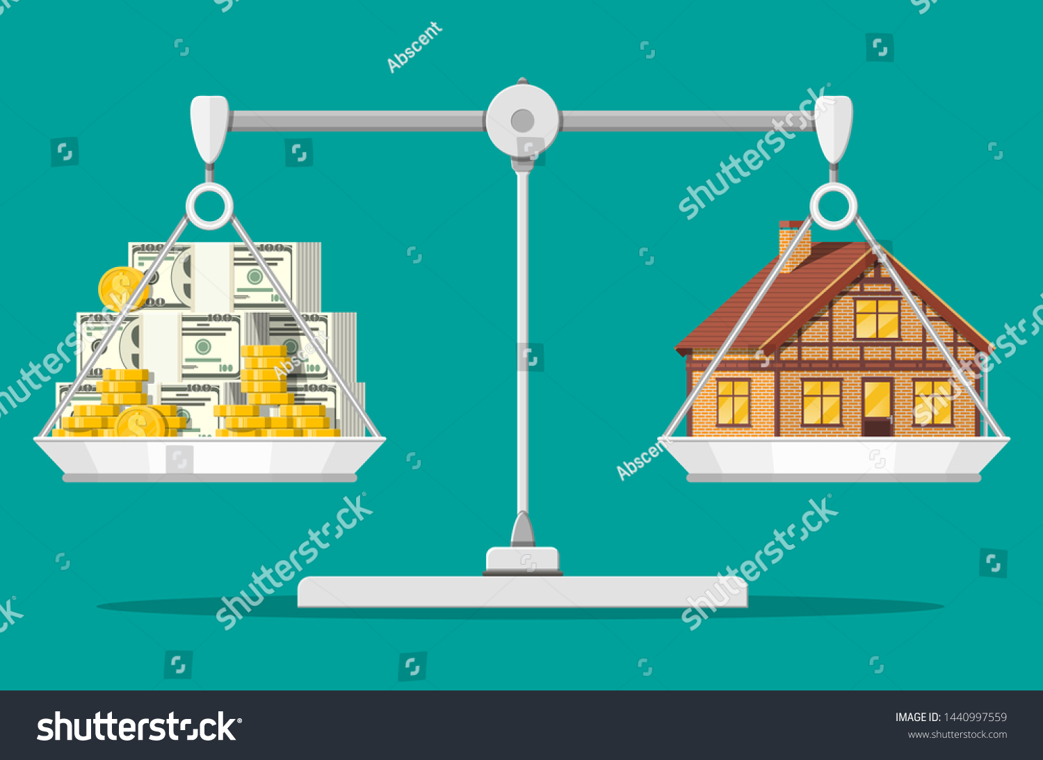 Balance scales with private house and money. Buying a home. Real estate. Suburban wooden house  dollar stacks and gold coins. Vector illustration in flat style