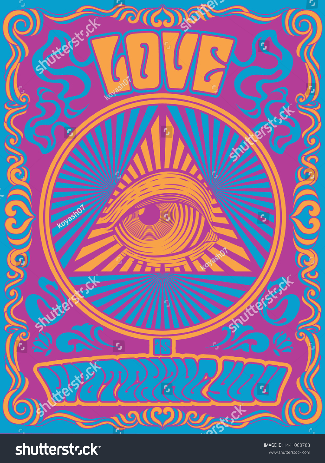 Love is watching you. Psychedelic Art Poster  Cover Stylization Vintage Colors and Shapes from the 1960s  1970s