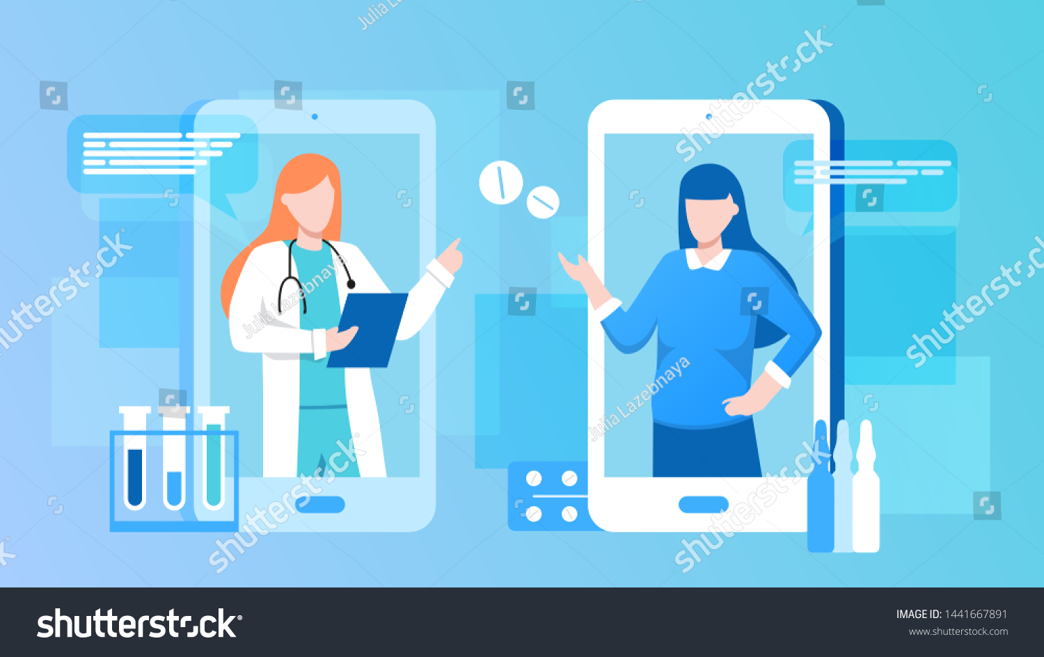 Patient consultation to the doctor via smartphone. Online medical support. Online doctor. Healthcare services  Ask a doctor. Family female doctor  gynecologist with stethoscope on the screen