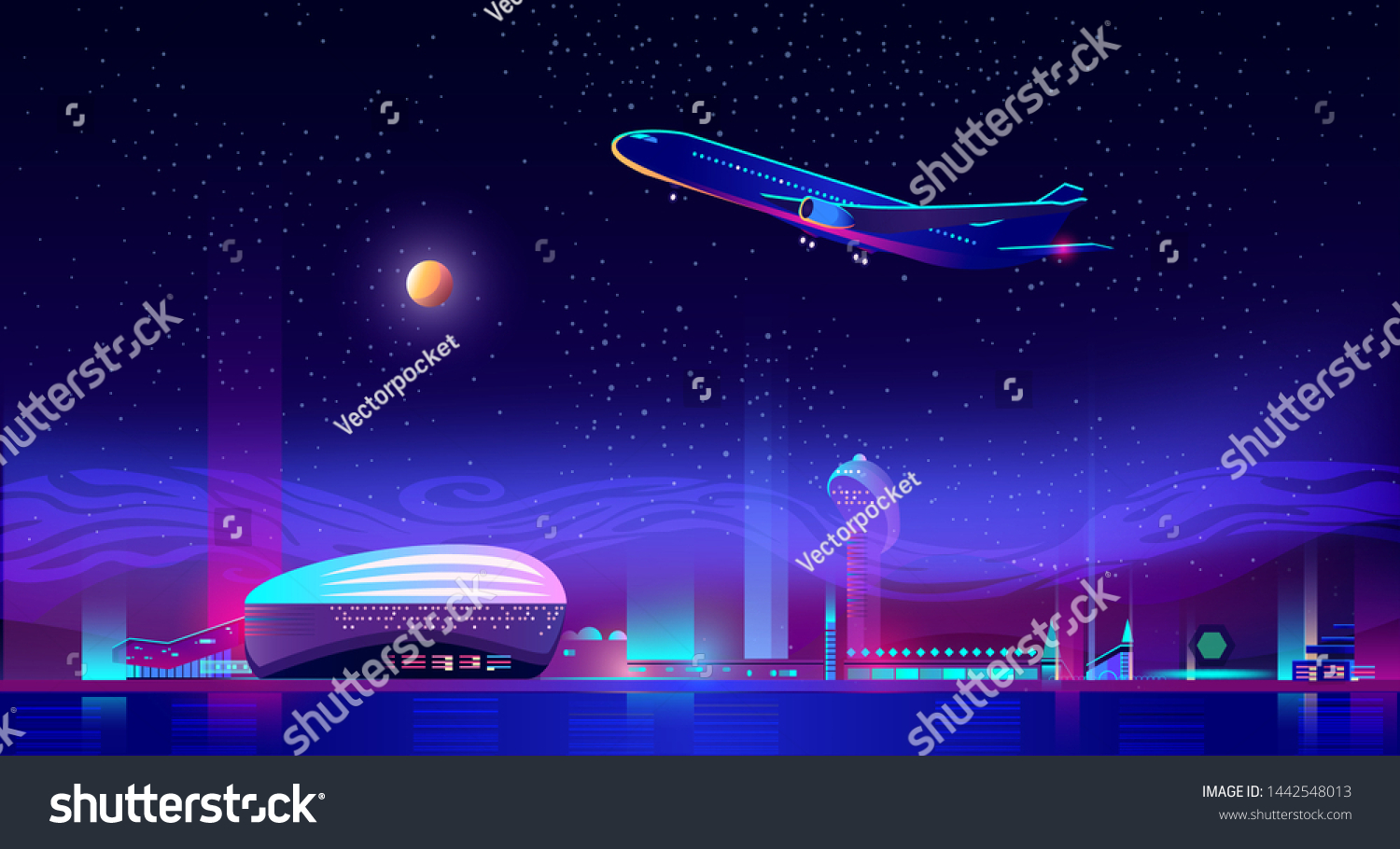 Airplane take off from airport runway at neon night city view background with glowing illumination  skyscrapers. Metropolis transport hub with terminal and control tower. Cartoon vector illustration