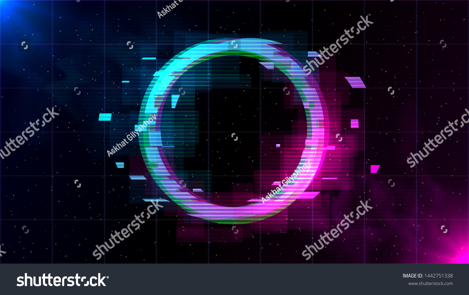 Synthwave/ VaporWave/ Retrowave Glitch圆圈 带有蓝色和粉红色的发光 烟雾和颗粒在激光网格空间背景上。海报 封面 壁纸 网络 横幅的设计。