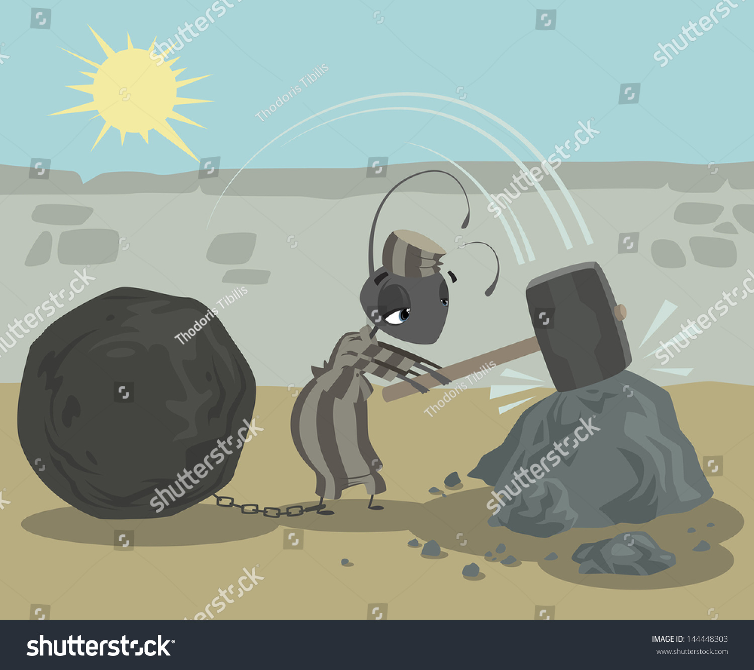 Ant in prison with chain metal ball work hard breaking stones as penalty