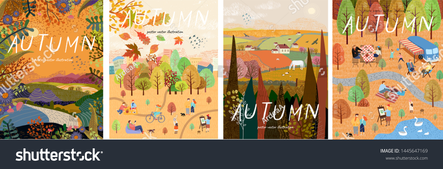 Autumn nature. Cute vector illustration of landscape natural background  village  people on vacation in the park at a picnic  forest and trees. Drawings from the hand 