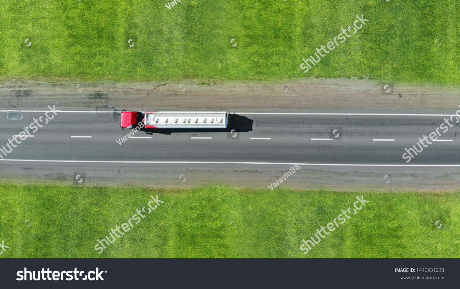 Fuel truck driving. Aerial view from drone.