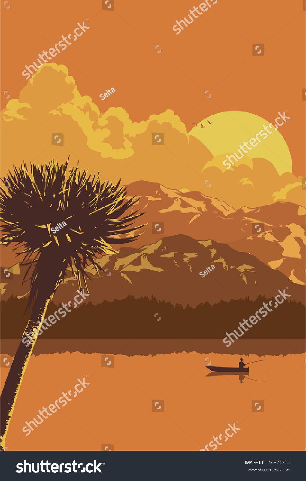 Rural scenery with man fishing in boat at sunset