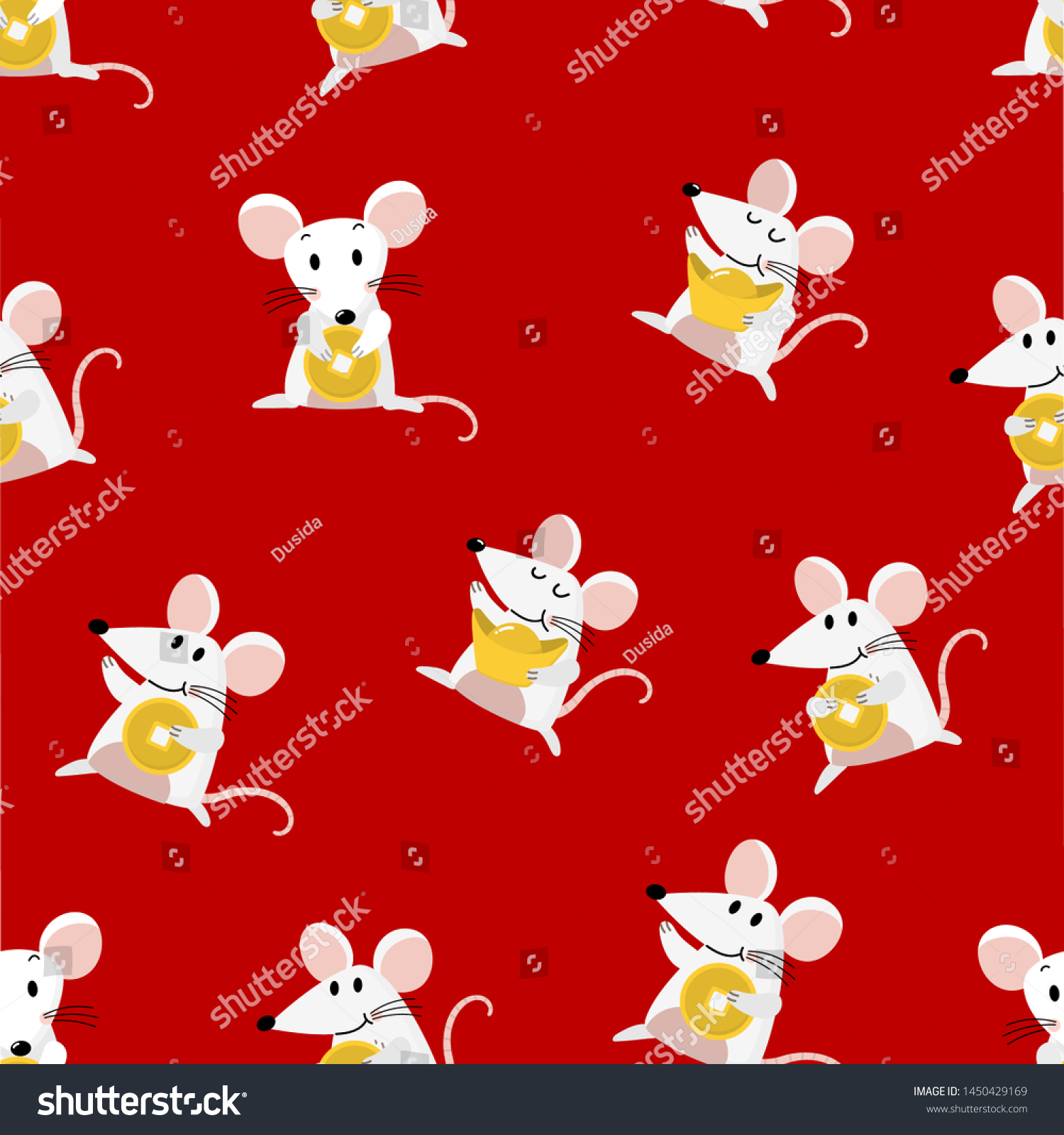Cute mouse and gold money seamless pattern. 2020 The year of rat zodiac. Lucky animal cartoon character  in red background.