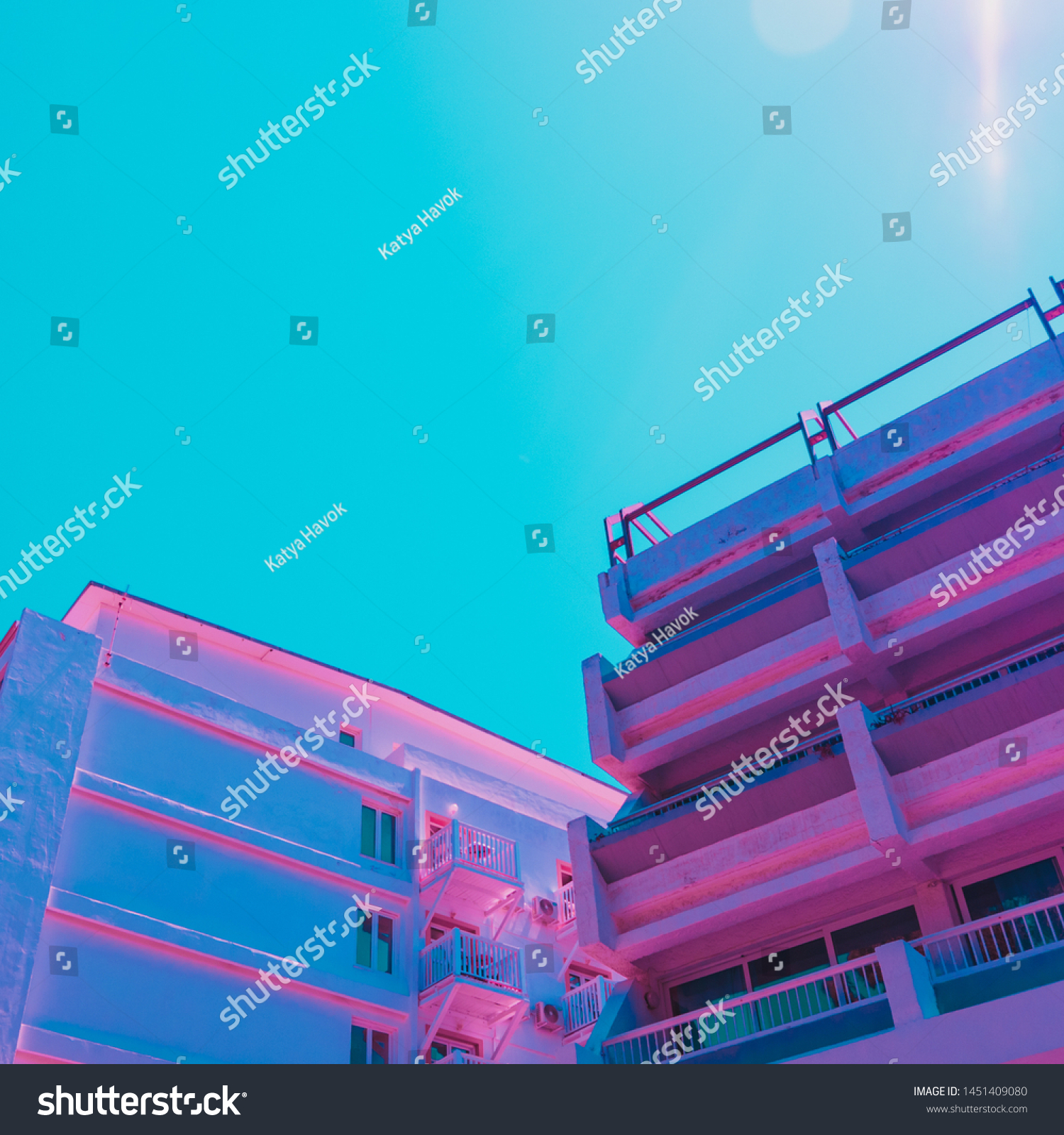 Walls of hotels in infrared style. Minimal and surreal