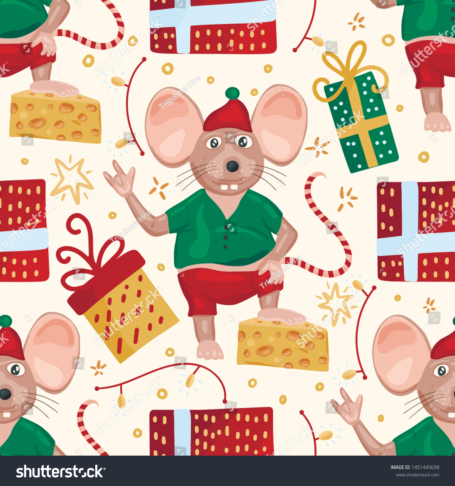Christmas vector mouse seamless pattern. Cartoon illustration. Mice with gift boxes.