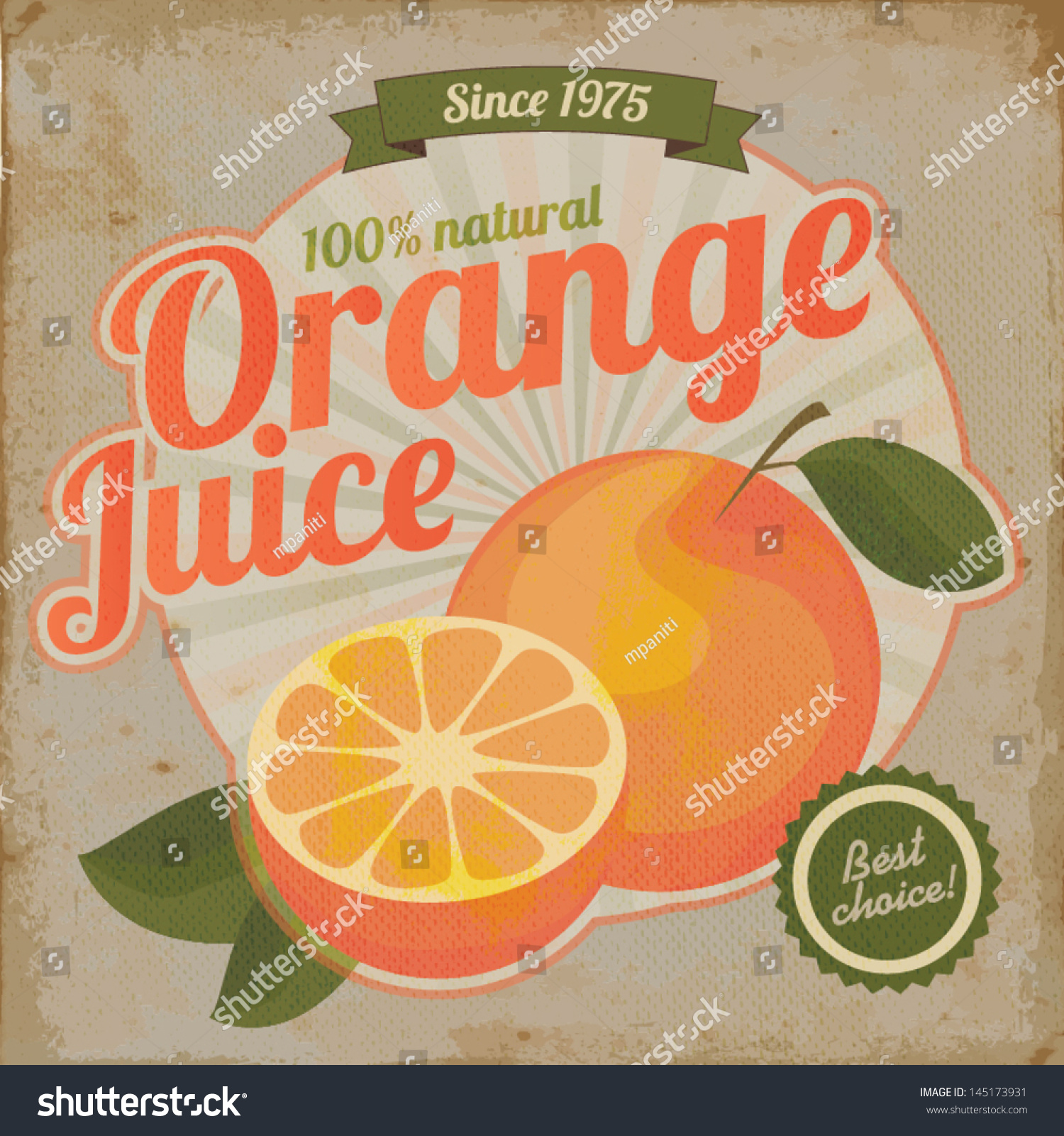 Orange juice retro flyer. Vector label illustration on vintage paper for natural fruit juice.