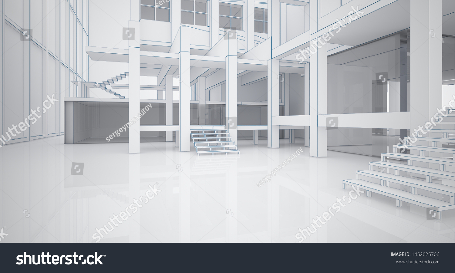 Abstract architectural white interior of a minimalist house with large windows. Drawing. 3D illustration and rendering.