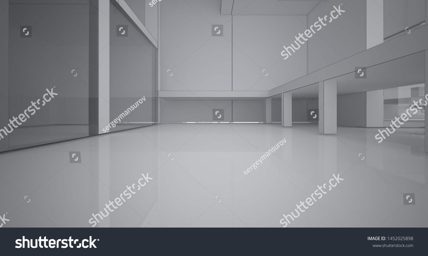 Abstract architectural white interior of a minimalist house with large windows. Drawing. 3D illustration and rendering.