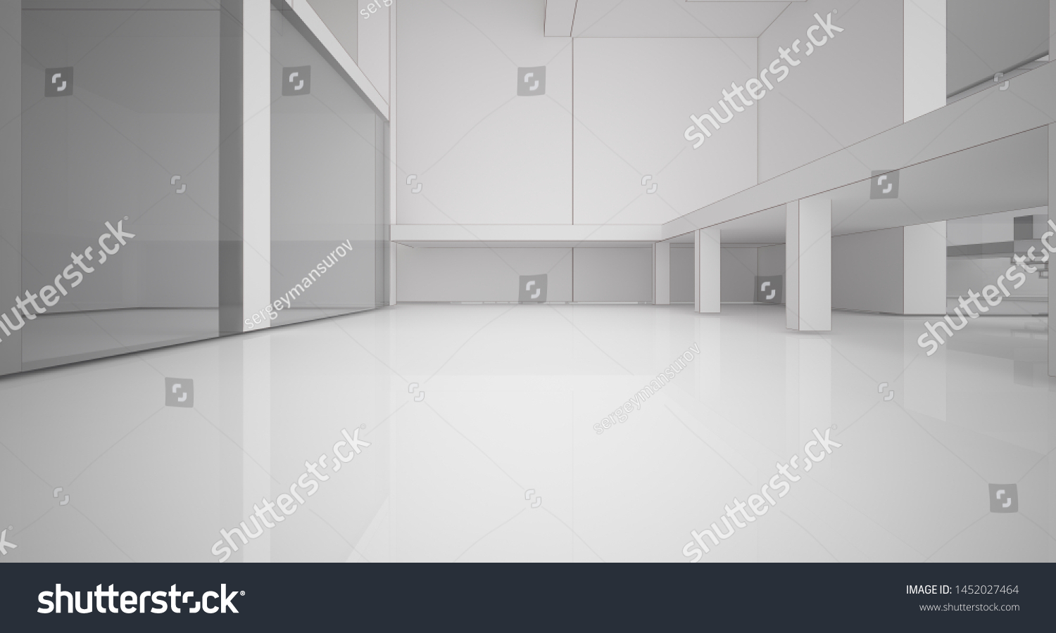 Abstract architectural white interior of a minimalist house with large windows. Drawing. 3D illustration and rendering.