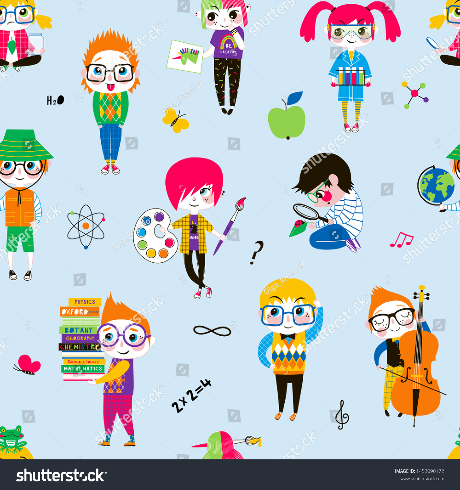 Smart school children flat vector seamless pattern. Clever boys and girls in glasses characters on white background. Schoolgirls and schoolboys backdrop. Wrapping paper  textile cartoon design