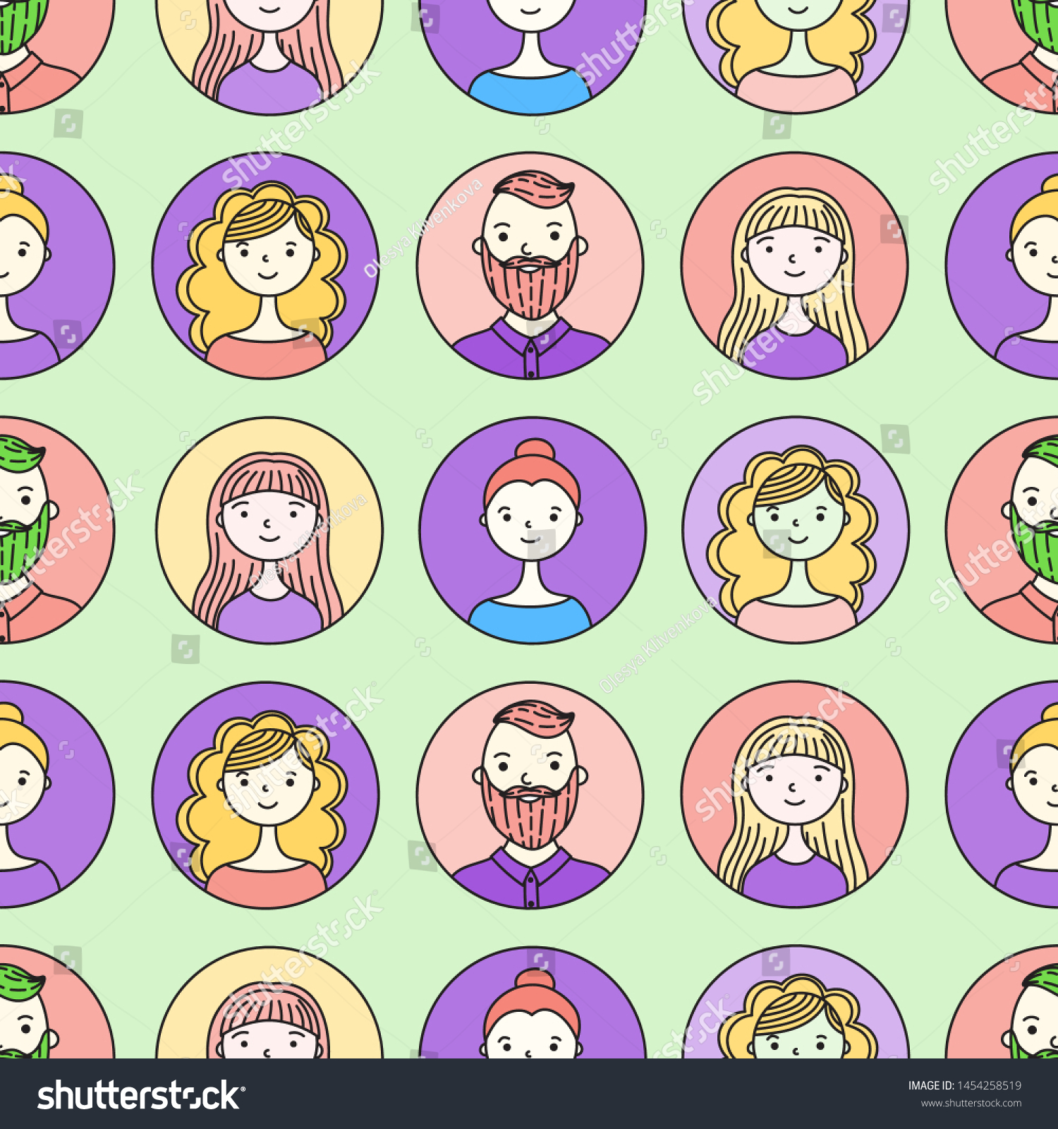 flat colorful doodle characters in round icons. vector seamless pattern. happy people. work team