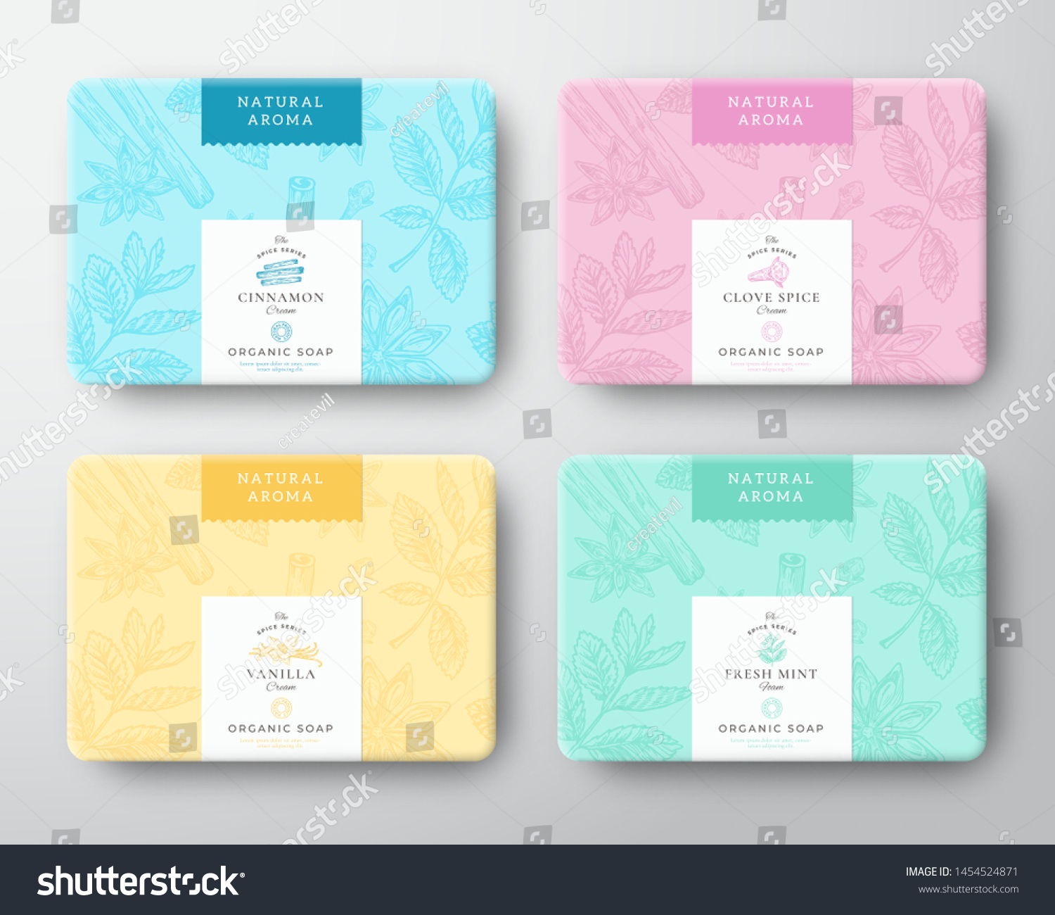 Cinnamon  Clove  Mint and Vanilla Soap Cardboard Boxes Set. Abstract Vector Wrapped Paper Container with Label Cover. Packaging Design. Hand Drawn Spices Background Pattern Layout. Isolated.