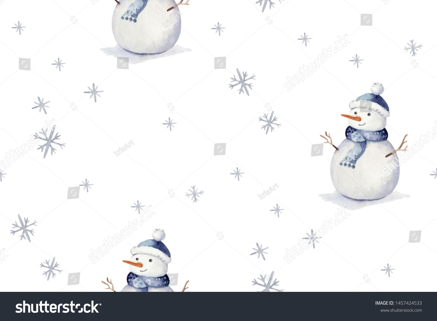 Watercolor seamless Christmas pattern with snowman  tree  snowflakes and branches. Snowman winter snow hand drawn background fabric