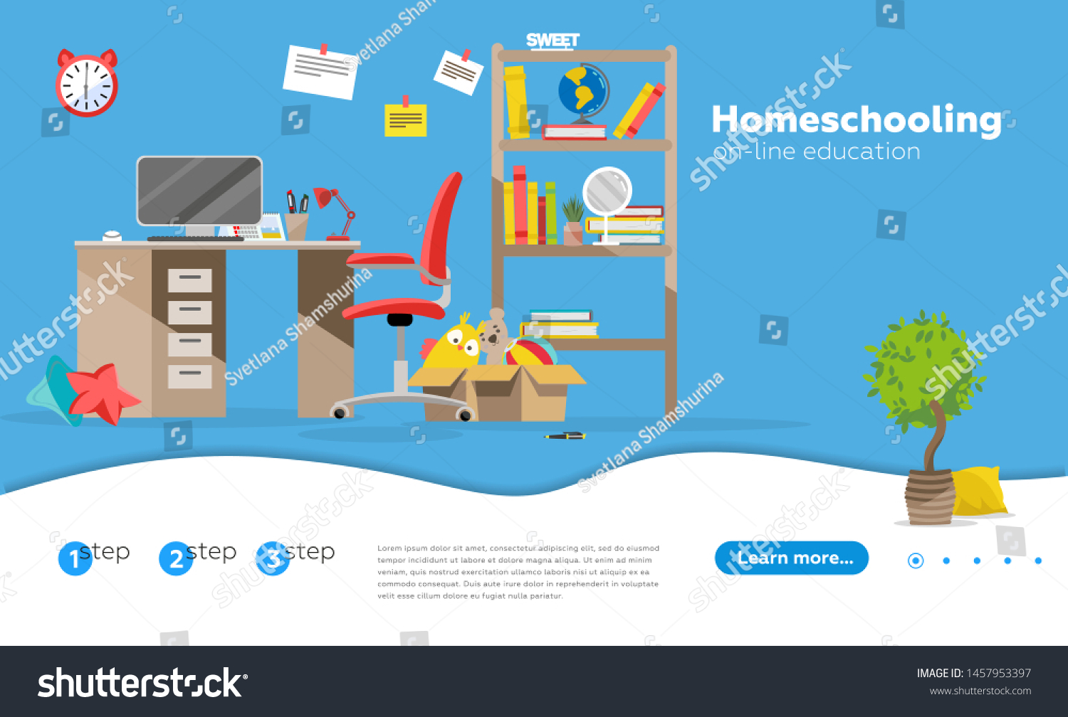 Home schooling  home education plan  homeschooling online tutor concept. Website homepage landing web page template. child's desk in the children's room flat illustration.