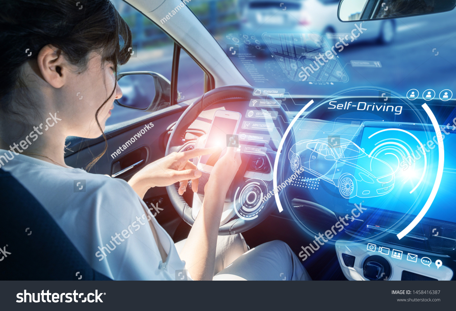 Interior of an autonomous car. Driverless vehicle. Futuristic transportation.