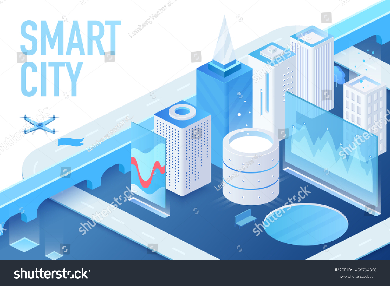 Isometric model of modern smart city with data centers  servers and matrix crypto blockchain buildings vector illustration.