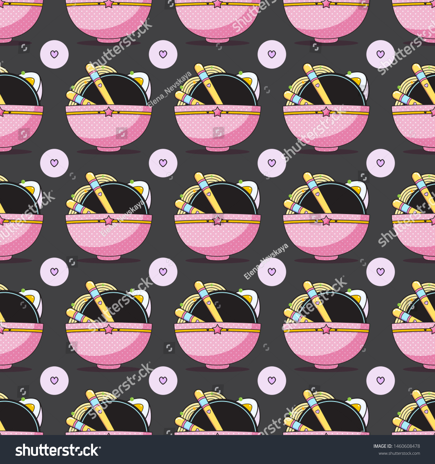 Vector seamless pattern  kawaii anime style. Lovely plate with food  chopsticks  eggs and ramen  noodle. Perfect for background  ornament  cute texture for design