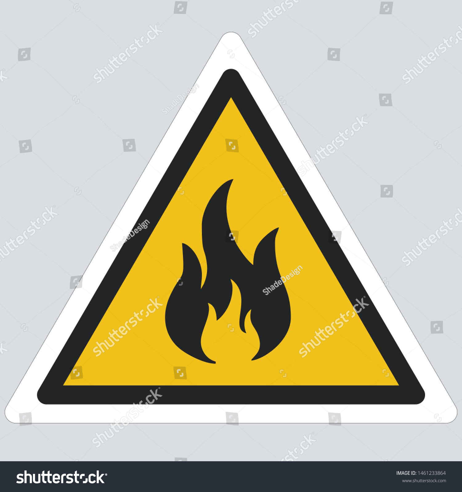 Vector icon warning triangle fire sign. Yellow sign with fire image. Illustration of a warning sign symbol of the danger of fire in flat minimalism style.
