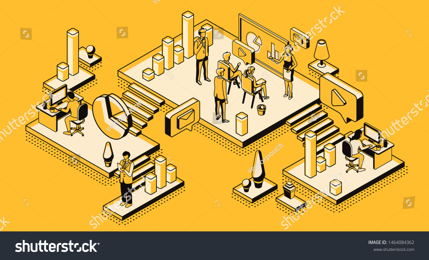 Marketing strategy  financial analytic company  agency working process in office  business people planning  analyzing statistics data  doing presentation  isometric 3d vector illustration  line art