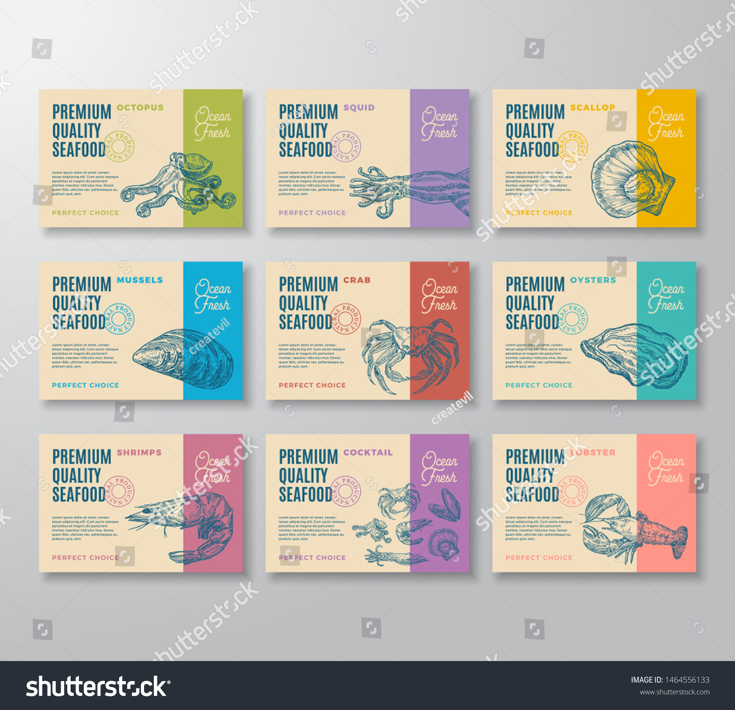 Premium Quality Seafood Labels Set. Abstract Vector Packaging Design. Modern Typography and Hand Drawn Crab  Shrimp  Molluscs and Squid Sketch Silhouettes Background Layouts with Soft Shadows Isolated