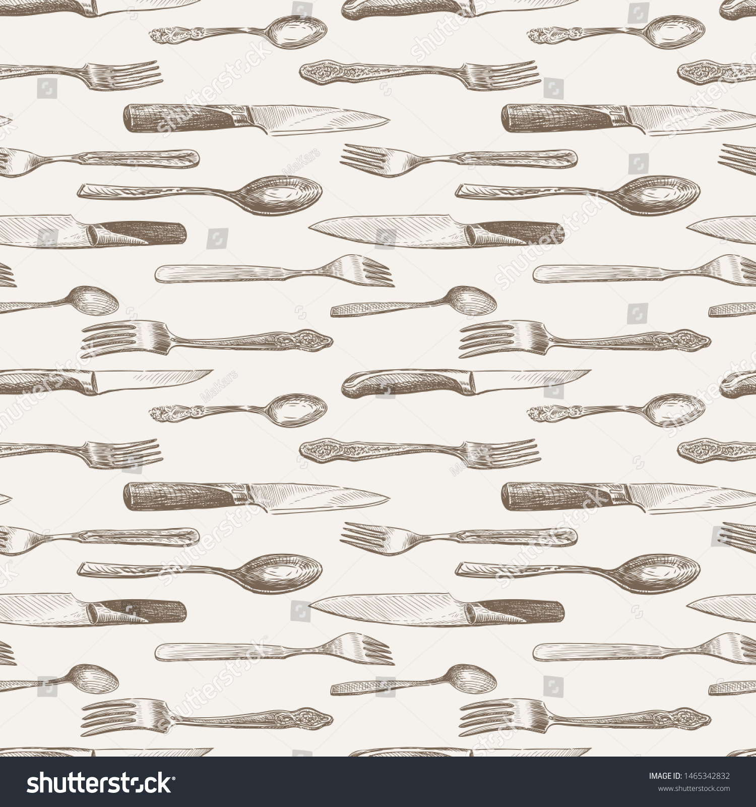 Seamless background of sketches of various cutlery