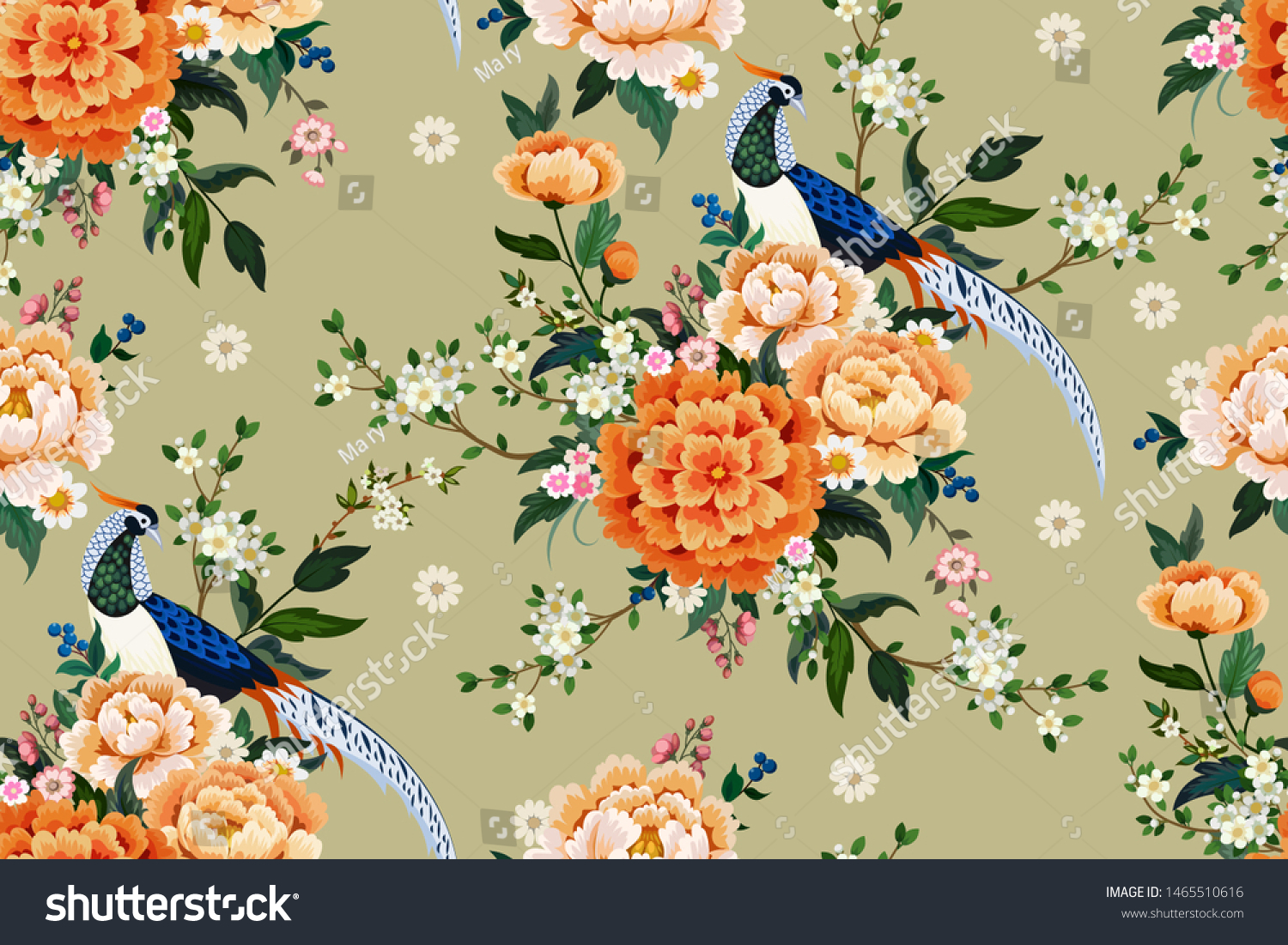 Beautiful seamless pattern with diamond pheasant sitting on peony branch with blooming sakura plum and daisies for summer dress in Chinese style