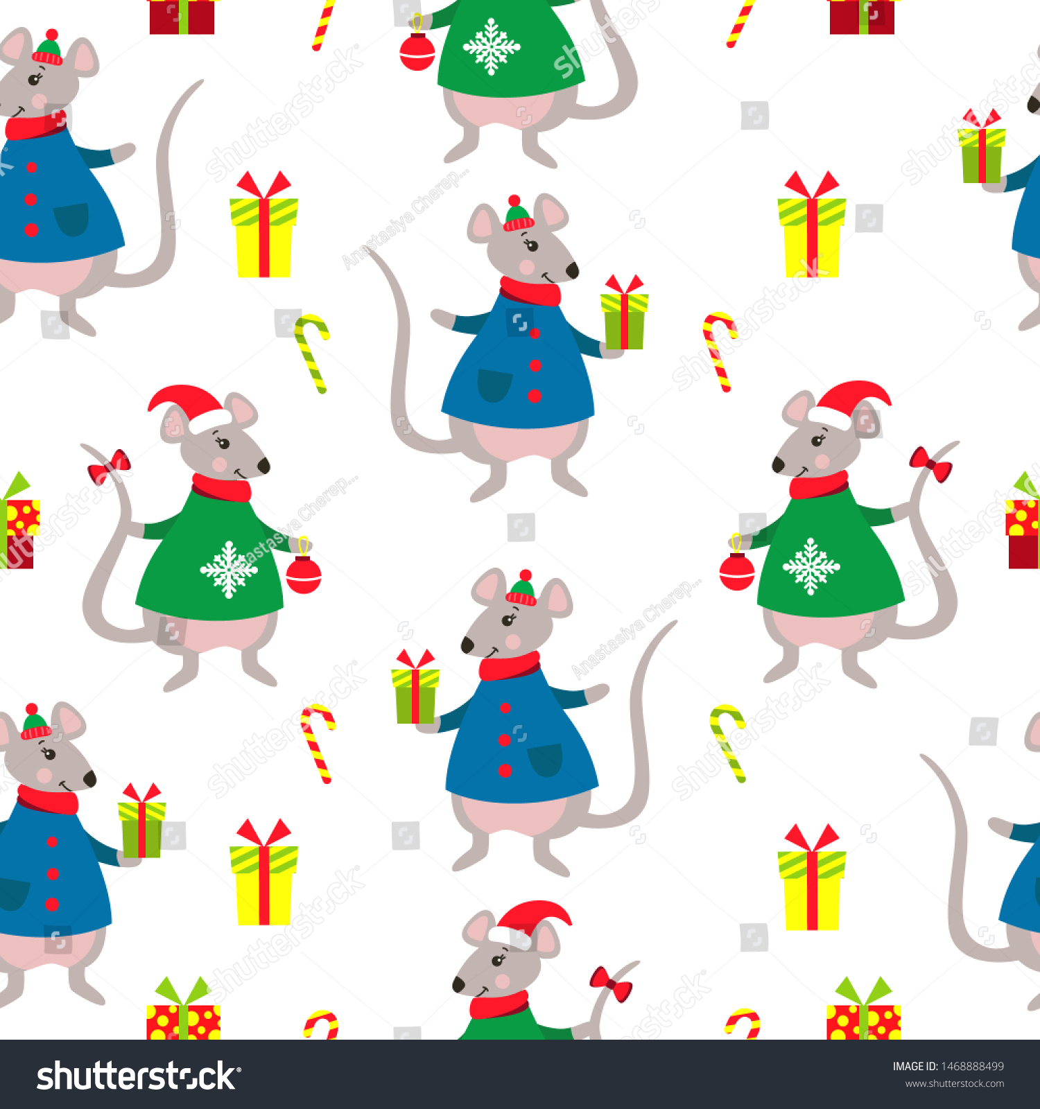 Seamless Christmas/New Year pattern with holiday attributes: rat or mouse with gift  candy  gifts.The symbol of the new year in the Chinese calendar. 2020.
