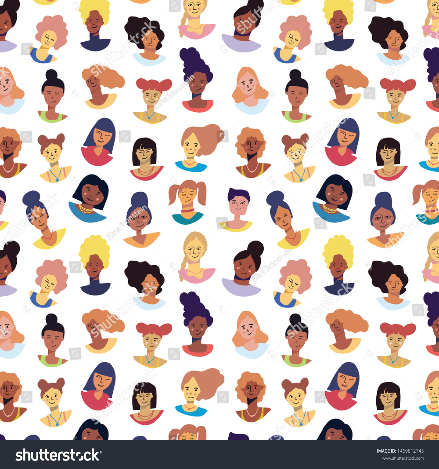 Seamless vector pattern with hand drawn cartoon portraits of women of different races 