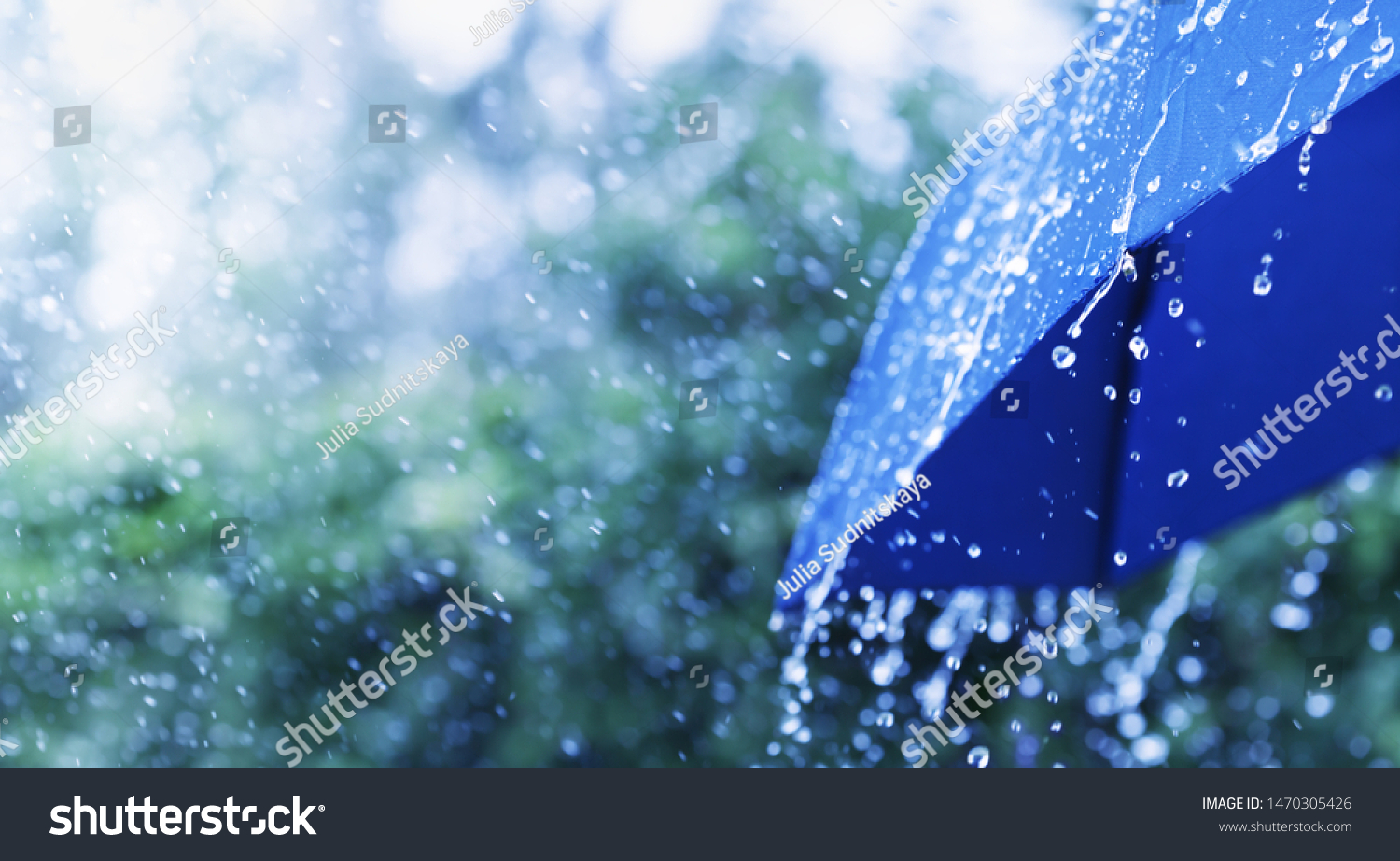 Lifestyle scene of rainy weather. Blue umbrella under rainfall. Banner format.