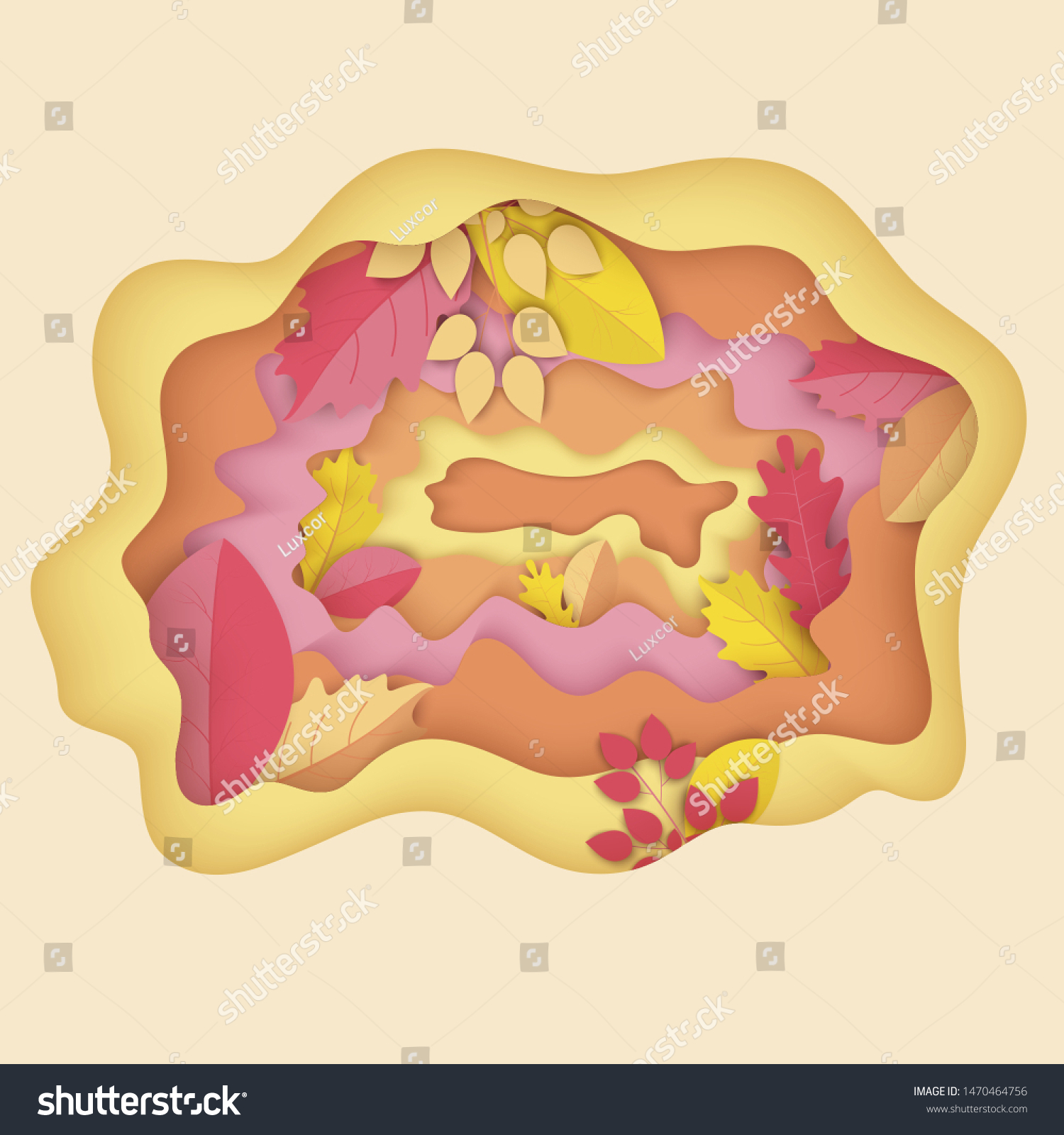 Stock Vector Autumn Paper Cut Leaves Backround. Hello Autumn. September flyer template. Circle layered cave frame. Origami Foliage. Fall poster. Vector EPS10